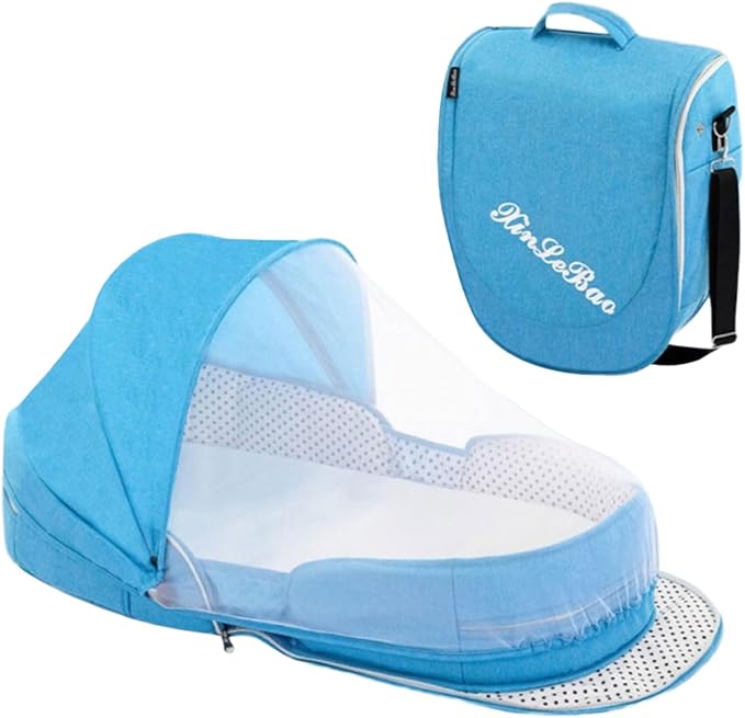 Folding Baby Travel Bassinet Portable Lightweight Travel Crib Baby Bed Co- Sleeper for Baby in Bed with Canopy and Mosquito Net (Blue, with Sunshade)