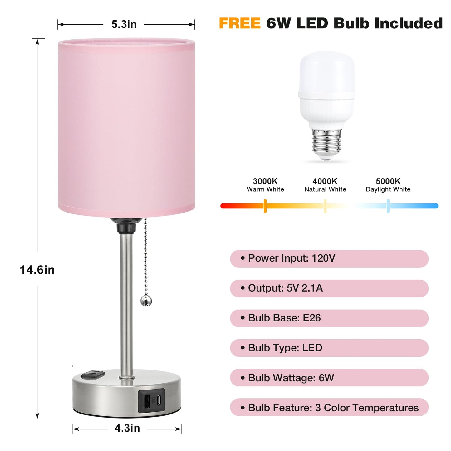 Dicoool Pink Bedroom Lamp - 3 Color Temperatures, USB C & A Ports, 14.6in, Silver Metal Base, Model 15-11