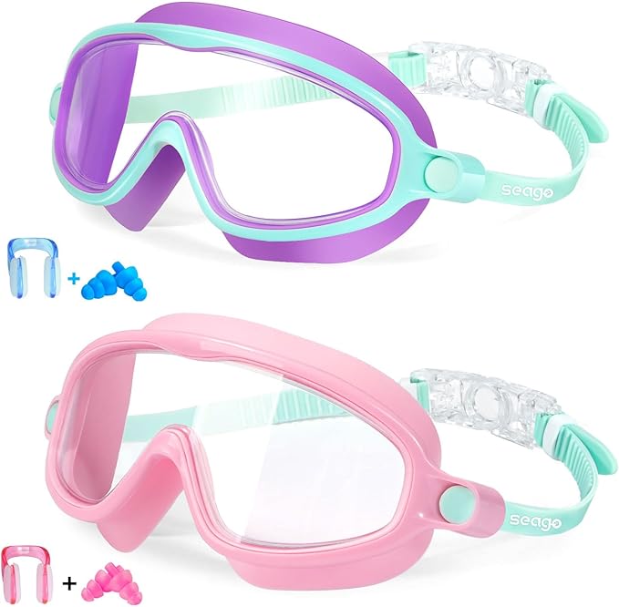 Seago Kids Goggles for Swimming 2 Pack Outer Eye Fit with Wide View No Leaking Anti-Fog UV Protection Crystal Clear Watert...