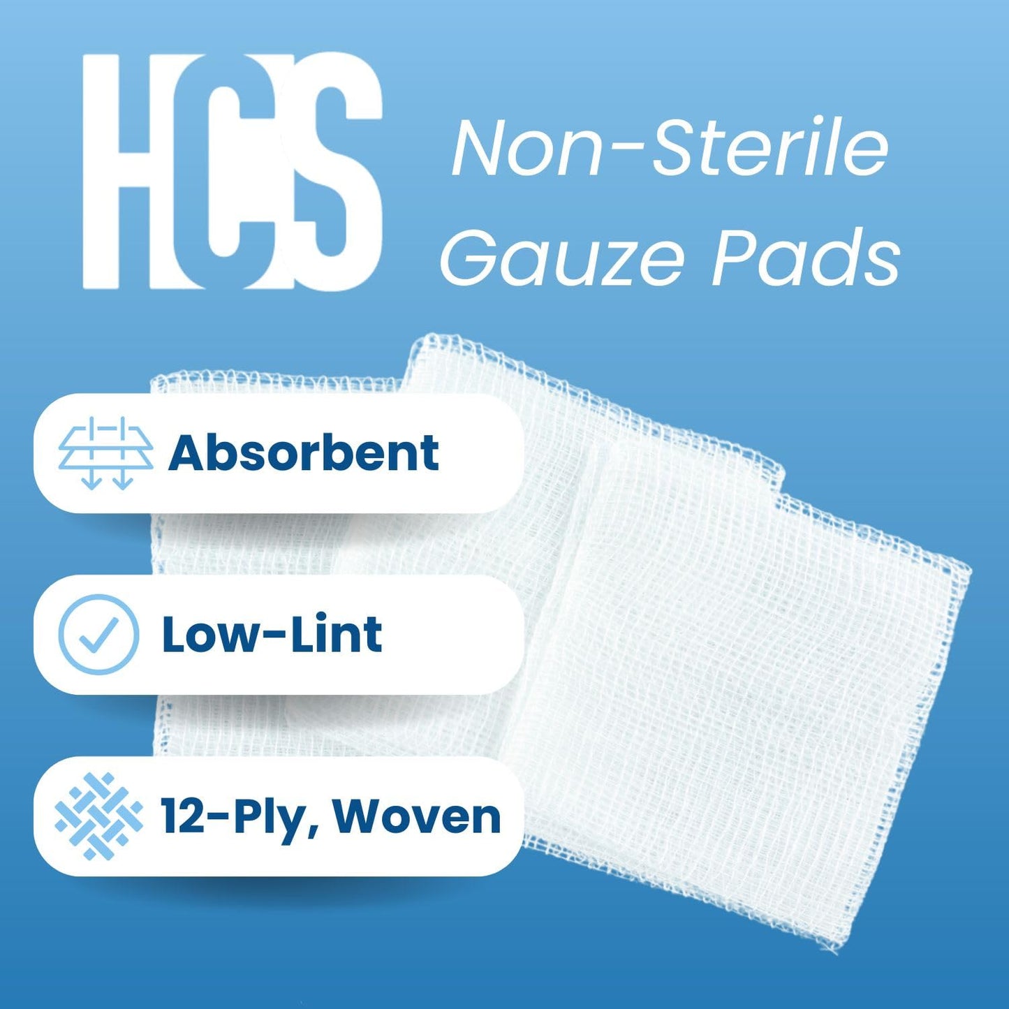 HCS Woven Gauze Sponges 2x2 - Non-Sterile, 12-Ply (200-Count) - 100% Cotton, Absorbent, Low-Linting Squares - 2x2 Gauze Pads - Medical Supplies, Wound Care, First Aid, Surgical Use, Dental