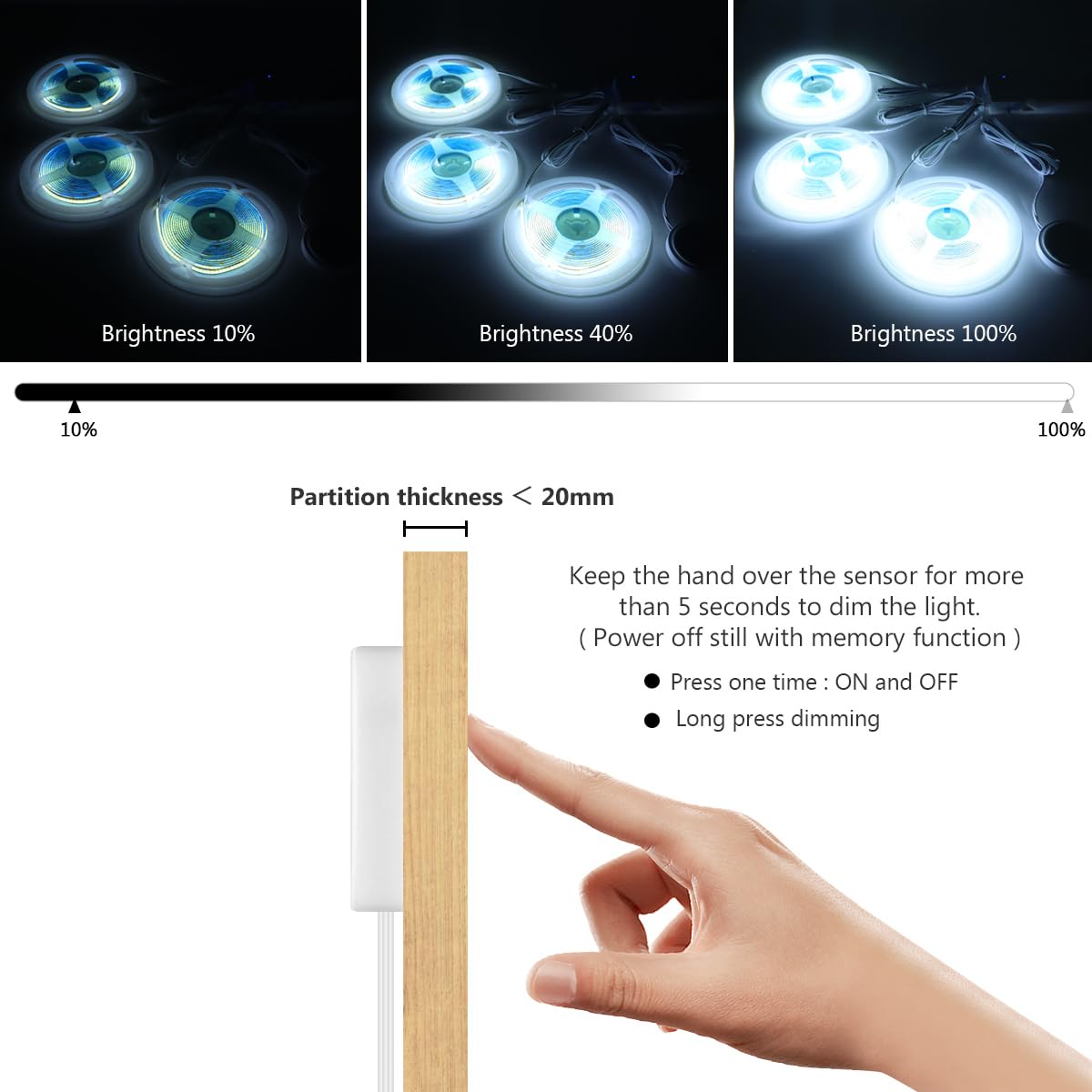 Chnmalitai Under Cabinet Led Lighting Kit  6 Pcs 6500K White Led Strip Lights Penetrable Wood Touch Dimmable Cob Led Strip With 60W Adapter For Kitchen Cabinet Counter Shelf Tv Back Showcase