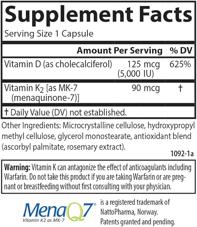 Carlson - Super D3 + K2, 125 mcg (5000 IU) Vitamin D3, 90 mcg Vitamin K2 as MK-7, Bone Support, Calcium Absorption, 90 Vegetarian Capsules