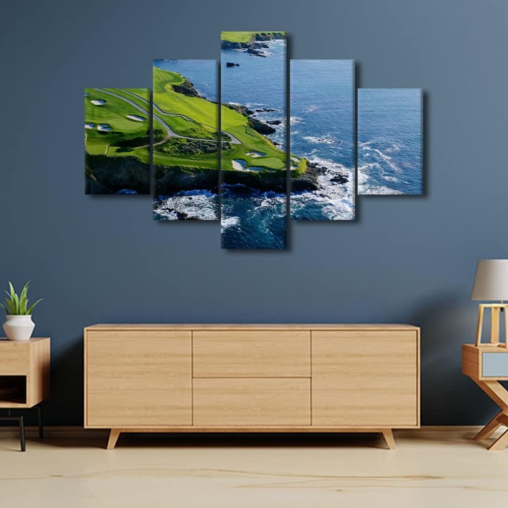 5 Pieces California Wall Art Pebble Beach Golf Course Giclee Printing Canvas Artwork Wall Decor Modern Canvas Home Decor for Living Room Bedroom Home Office Decorations Framed Easy to Hang - 60"Wx40"H