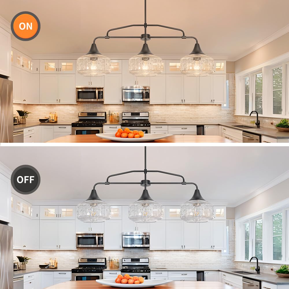 Farmhouse Kitchen Island Lighting  Black 3-Light Island Light For Kitchen  Adjustable Dining Room Light Fixture Over Table  Linear Chandelier Pendant Lighting With Clear Glass For Living Room Sink