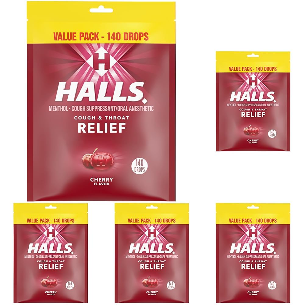 Halls Relief Cherry Cough Drops, Value Pack, 140 Drops (Pack of 5)