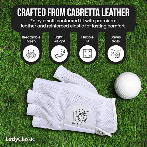 Lady Classic Mesh Half Golf Glove for Women – Premium Cabretta Leather Palm, Breathable Mesh Back, Half-Finger Design Ladi...