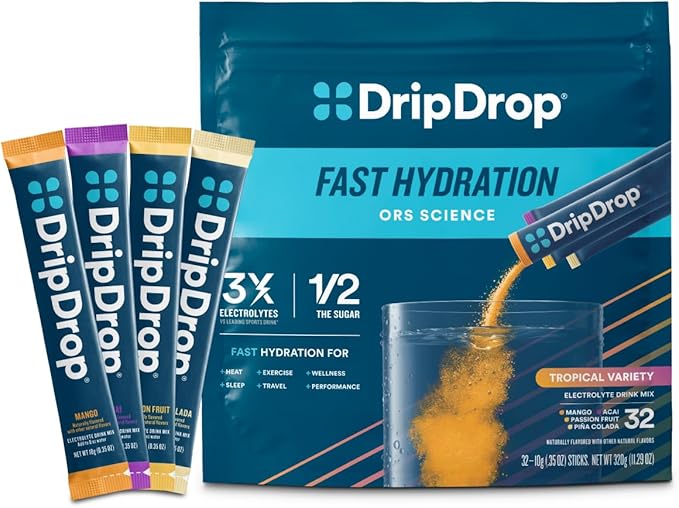 DripDrop Hydration Packets - Tropical Variety Pack - Single Serve Electrolytes Powder Drink Mix - Mango, Açaí, Passion Fru...