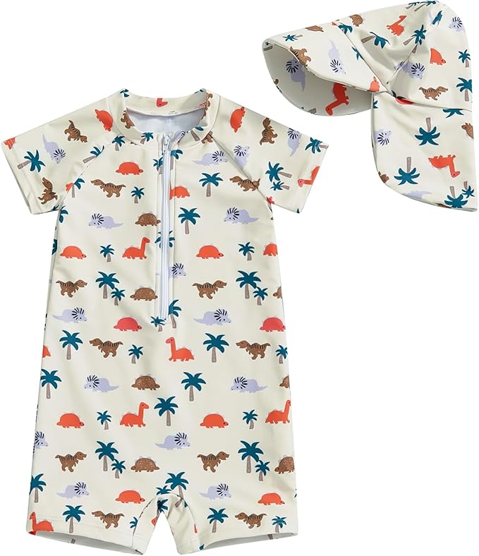 Ayalinggo Toddler Boys Rash Guard Swimsuit Sea World Animal Print Zipper Short Sleeve Bathing Suit with Swim Cap for Kids