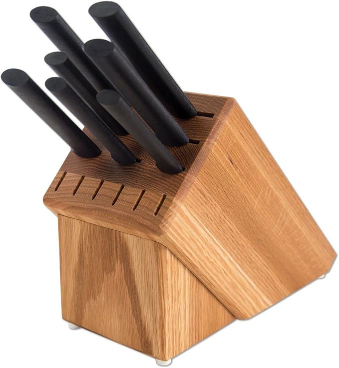 Rada Cutlery Essential Oak Block Set (G258), Stainless Steel Hollow Ground Blades, Made in USA, Black Handles