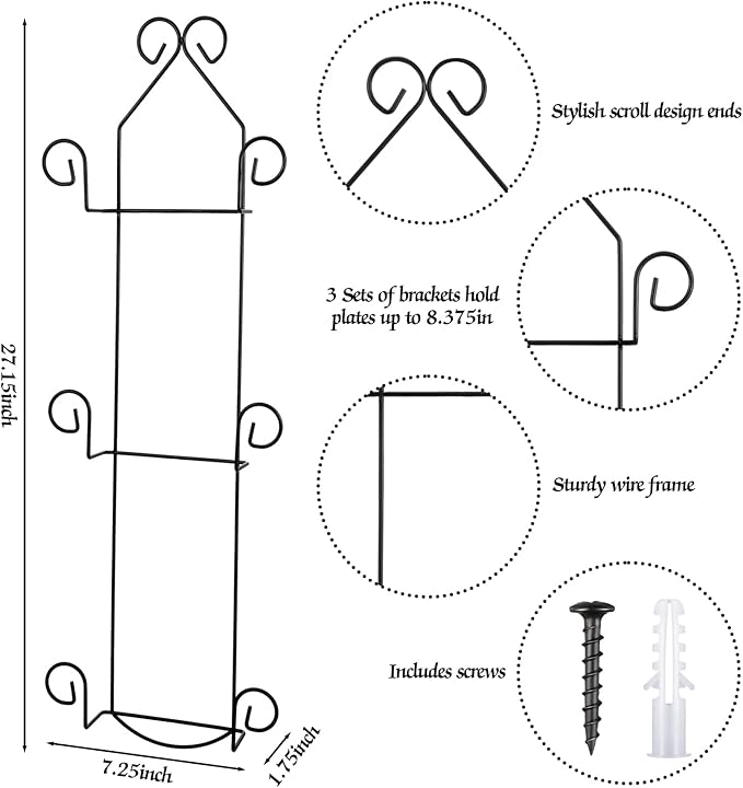 Menkxi 2 Pcs Plate Hangers for Wall Vertical Vintage Wall Plate Holder Decorative for Display Hanger Brackets Mount Rack Arts with Screw and Nut Fittings for Display Dishes Picture Frame(3 Tier,Black)