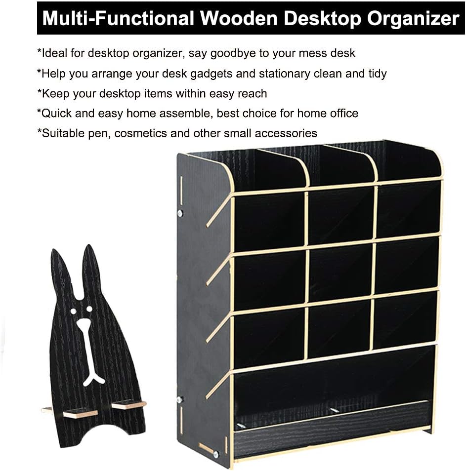 Marbrasse Wooden Pen Organizer, Multi-Functional DIY Pen Holder Box, Desktop Stationary, Easy Assembly, Home Office Art Supplies Organizer Storage with Drawer (B12-Black)