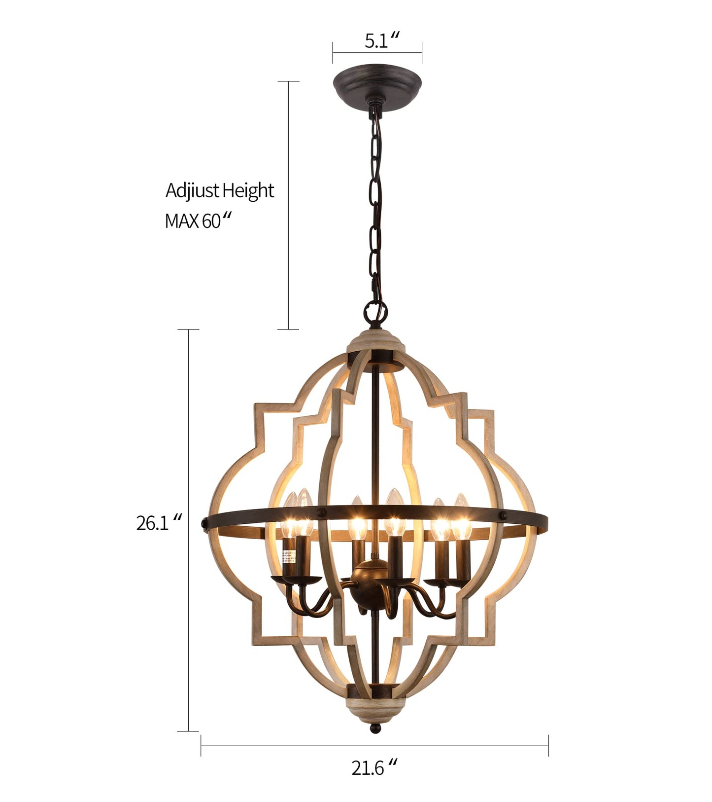 Q&S Rustic Antique Orb Chandelier, 6-Light Oak White Iron Ceiling Fixture For Foyer, Dining Room, Kitchen, Living Room
