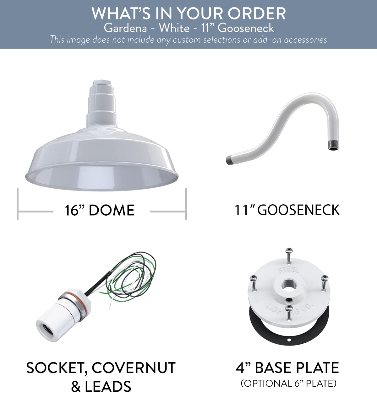 Steel Lighting Co. Gardena Barn Light - 16 Dome, 11 Gooseneck, White Porcelain, Outdoor Wall Mounted, Made In America