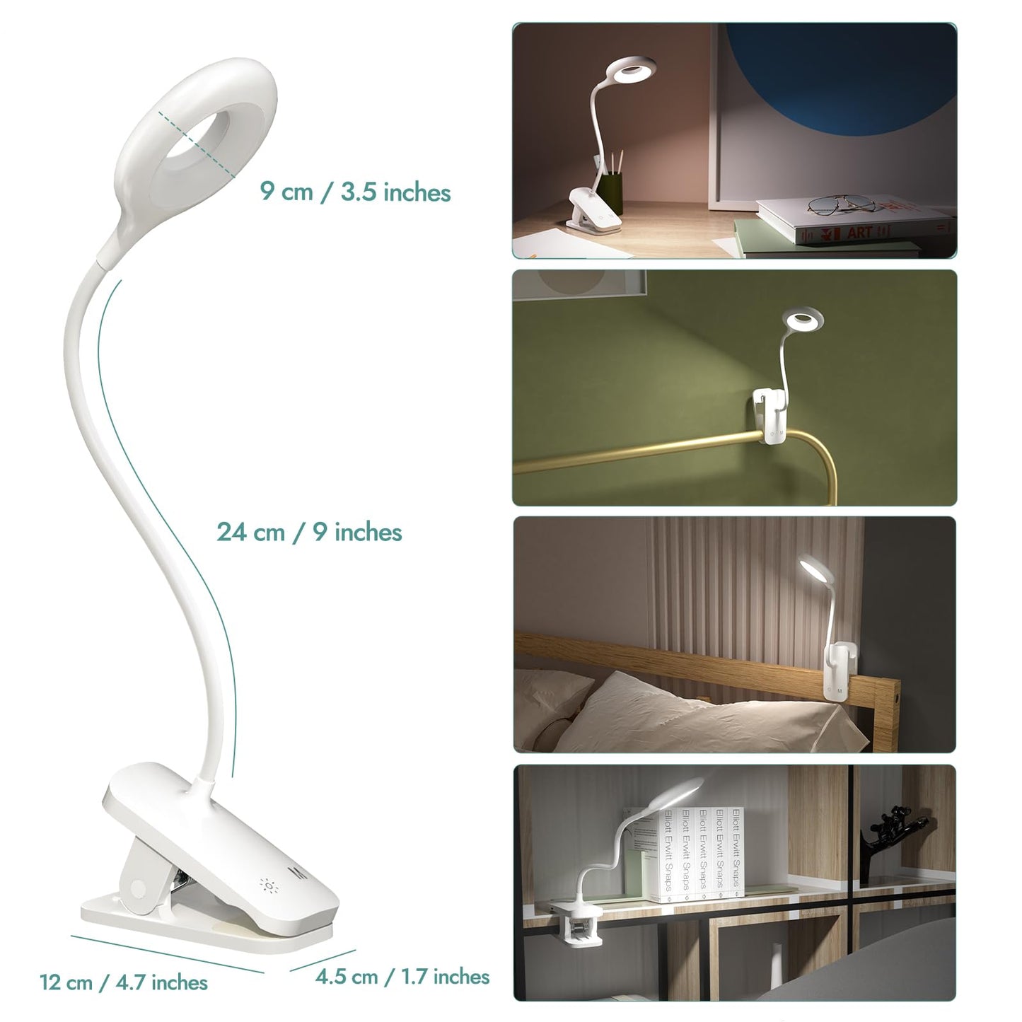 CUHIOY Clip-on Reading Light, Rechargeable, 5 Colors, 5 Brightness Levels, Round Head, White, Model F921WB