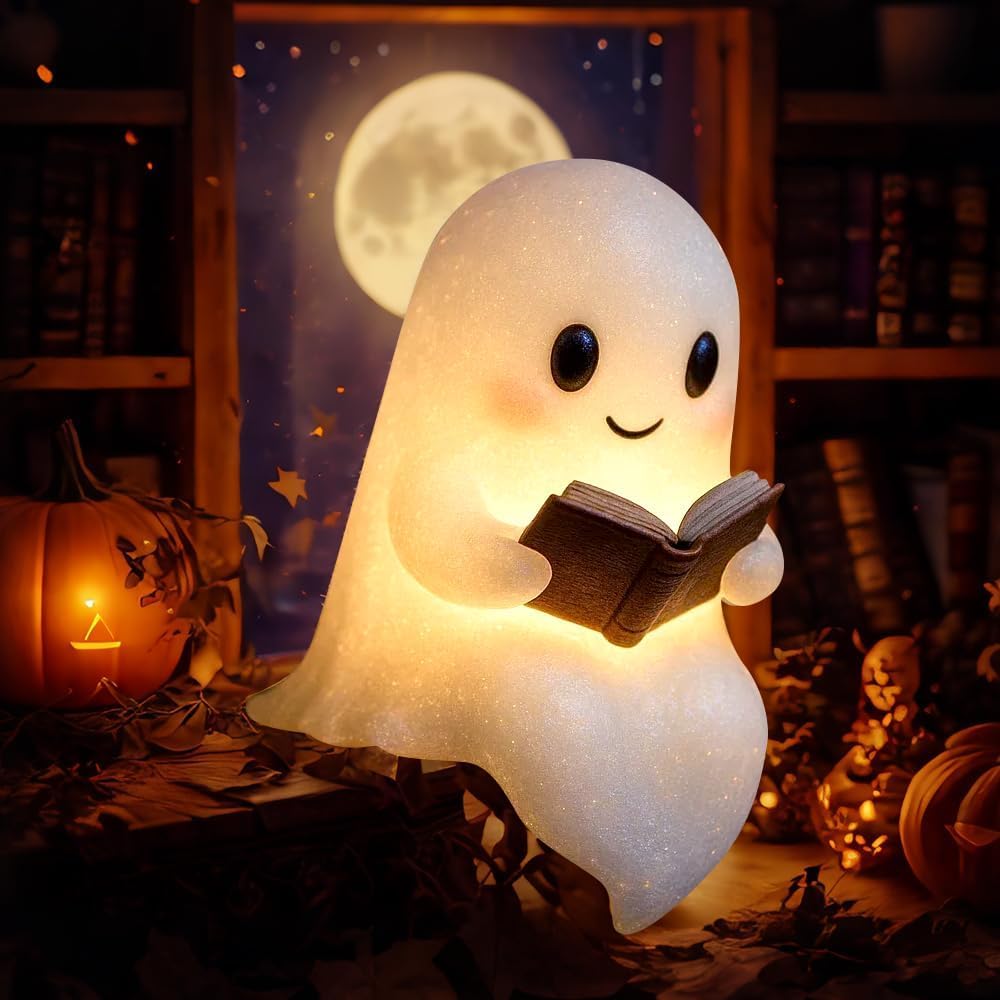 Clussbin Halloween Party Ghost Reading Book Lamp, Halloween Ghost Night Light, Cute LED Lamp for Bathroom Decor, Ghost-Themed Ba
