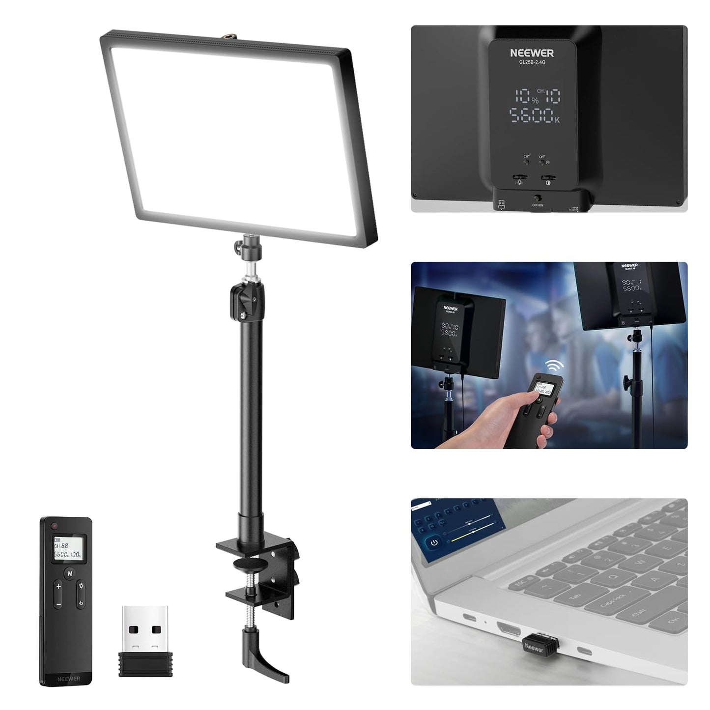 NEEWER 25W 12.9" Streaming Key Light with Desk Stand/2.4G Remote/USB Transmitter, PC/Mac APP Control 2300Lx/0.5m 2900-7000K CRI98+ Dimmable Edge Lit Video Panel Light for Webcam Laptop Zoom, GL25B