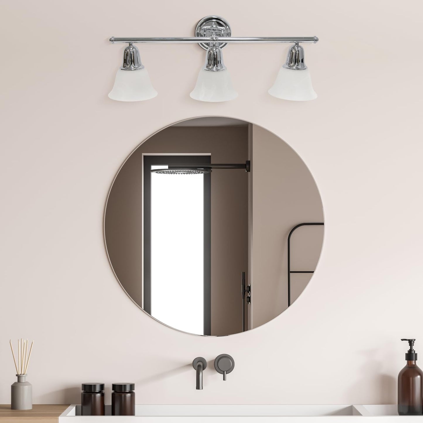 Simple Designs VT1027-CHR 3-Light Wall Mounted Vanity Fixture, Chrome, Metal, Frosted Marble Glass Shades, 26.5in for Bathroom and Entryway