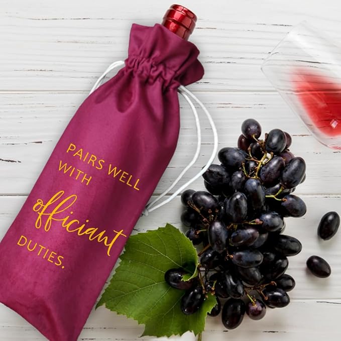 TBITON Wedding Officiant Wine Bag,Officiant Wine Bag,Pairs Well With Wedding Officiant Duties,Officiant Gift,Officiant Wedding Gift, Burlap Drawstring Wine Bag (Officiant-Red)