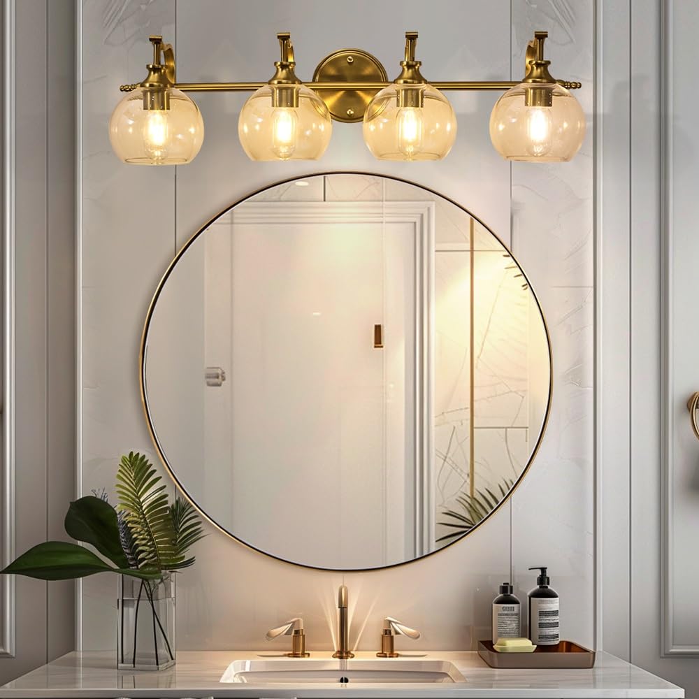 Andy Star Brass Vanity Light  Gold Bathroom Light Fixtures 4 Lights  27.8 Inch Vintage Bathroom Sconces  Brushed Brass Vanity Lighting With Globe Clear Glass Shade  E26 Base (Bulbs Not Included)