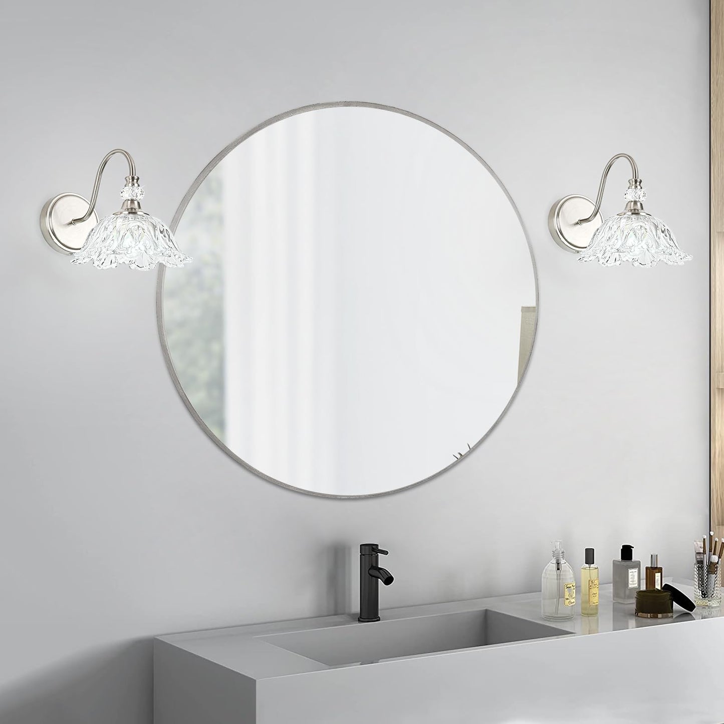 Sunkryster 1 Piece Brushed Nickel Wall Sconce With Floral Clear Glass Shade  Brushed Nickel Finish Wall Mount Lighting For Bathroom  Modern Bathroom Vanity Light Fixture