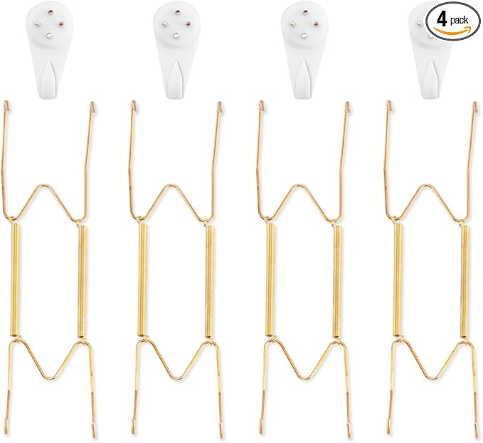 4 Pack Plate Hangers for The Wall, Suitable for 9-11 inch Art Plate, Stainless Steel Invisible Heavy Duty Wire Plate Holder with Wall Hooks, Plate Hangers for Displaying Plates, Platter, Dish, Gold