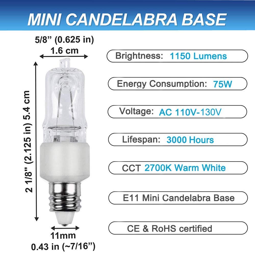 VINACO E11 Bulb, JDE11 120V 75W Halogen Light Bulbs, T4 Mini Candelabra Base, High Output 1150lm, Warm White 2700K, Dimmable, 4-Pack for Ceiling Fan Light Bulbs