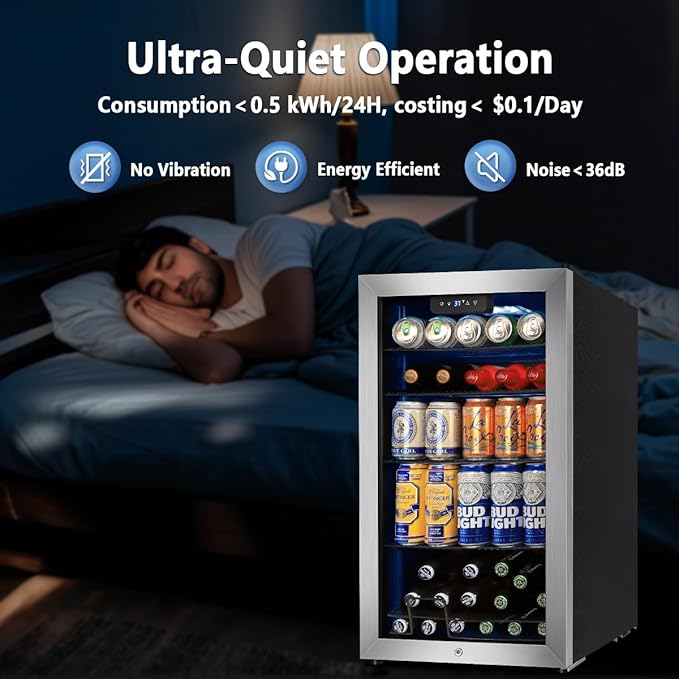 Tylza 130 Cans Beverage Refrigerator Cooler, 3.22 Cu.Ft Beverage Cooler with Low-E Glass Door, Safety Lock, Beverage Fridge for Soda, Beer, Wine, Mini Fridge for Home, Office, Bar, Bedroom, Silver
