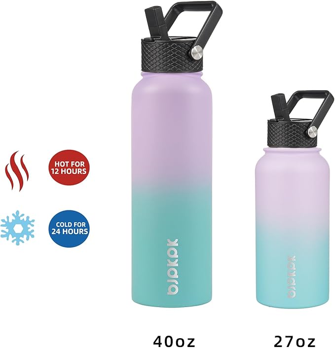 BJPKPK Insulated Water Bottles with Straw Lid, 40oz Stainless Steel Water Bottles with 3 Lids, BPA Free Leakproof Thermo, Tumblers, Cups for Sports, Gym- Lavender Green