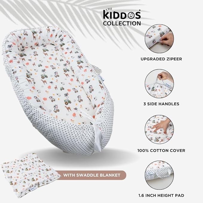 TKC Baby Lounger 0-24 Months | Adjustable Infant Lounger | Breathable Organic Cotton Cover | Reversible Farm Animal Pattern | Includes Matching Swaddle Blanket | Portable Baby Nest