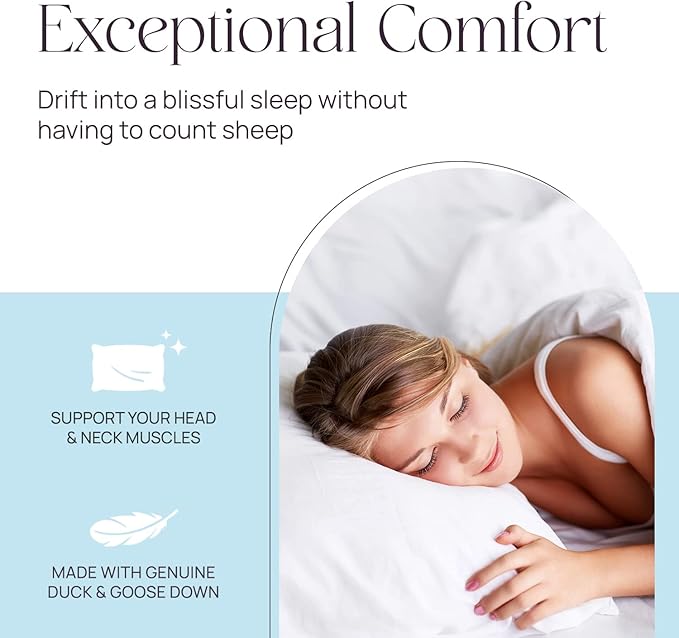East Coast Bedding Pure Dream Firm Pillow - Standard Size 20x26 Inch Medium Support Goose Feather Down Pillows, 100% Cotton Shell, Standard Pillow Set of 2