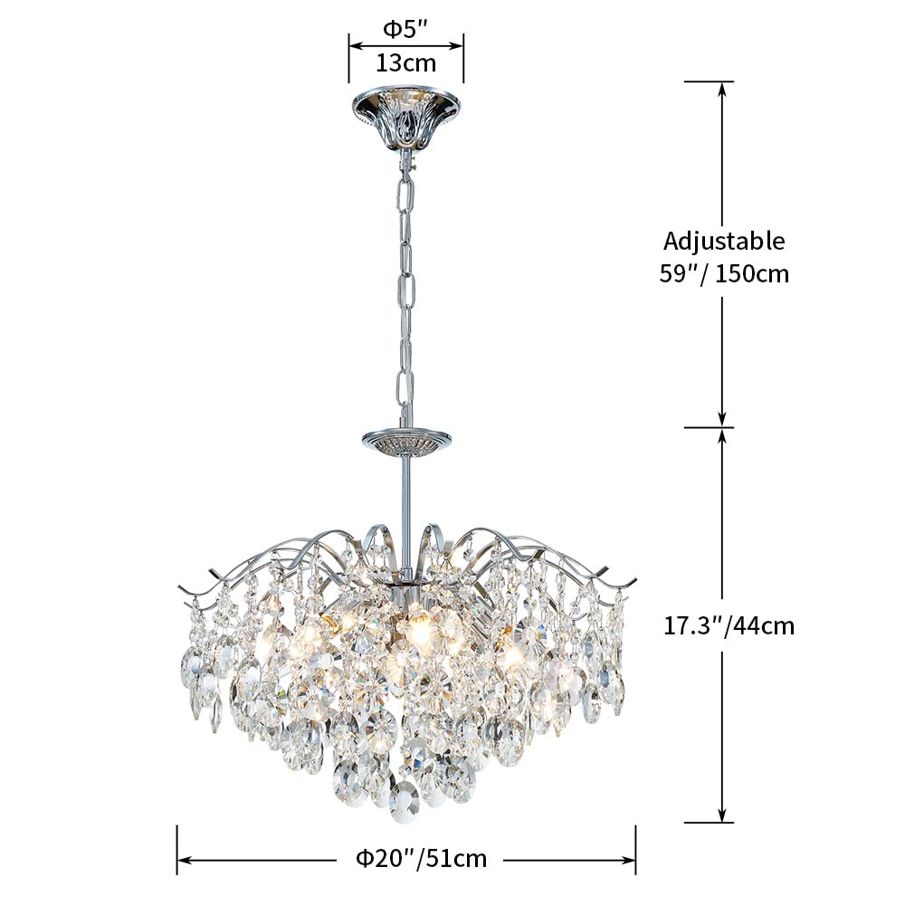 SM Saint Mossi Modern K9 Crystal Chandelier, 6-Lights, D20 x H17, Chrome Finish, Model 22027, Adjustable Chains