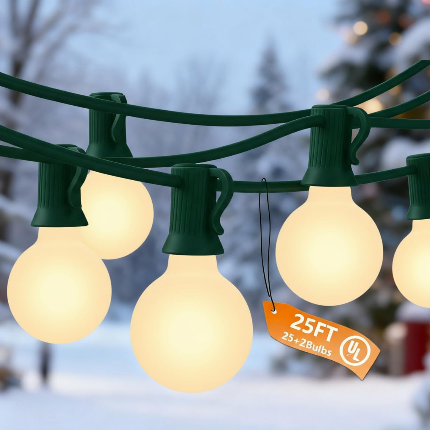G40 Christmas Lights 25Ft Frosted Christmas Lights With 27 Edison Incandescent Round Bulbs Connectable Globe Light For Indoor/Outdoor Tree Holiday Party Garden Decor Green Wire