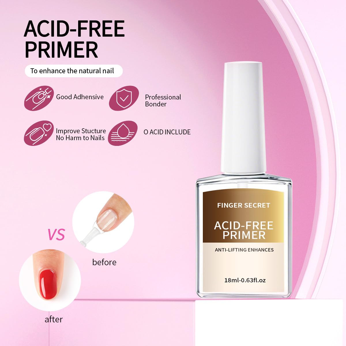 finger secret 18ml Acid-Free Primer for Gel Nail Polish 0.63floz, Fast Air Dry Base Coat Nail Primer Bond, Builder Gel for Acryl