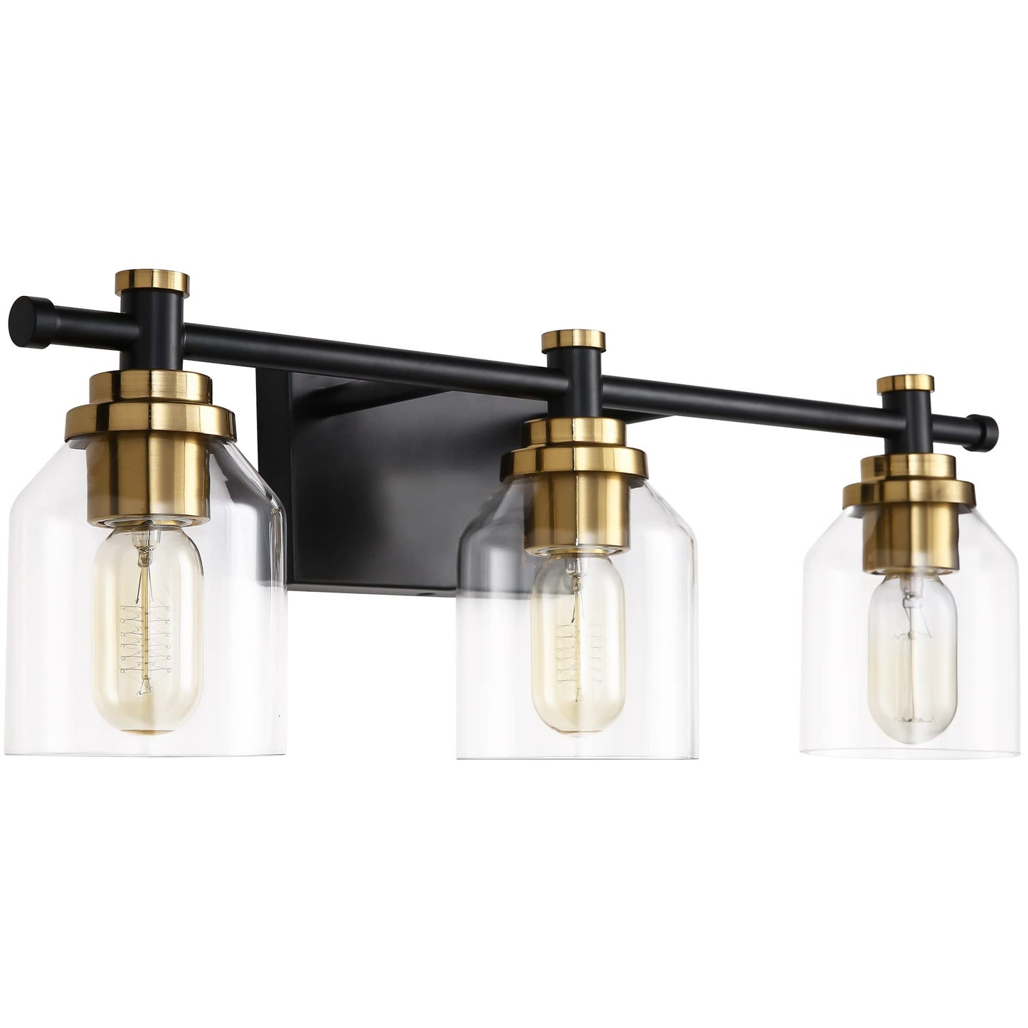 SOLFART Vintage 3-Light Bathroom Vanity Light Fixture, Glass Shade, Black and Brass, Model 7900