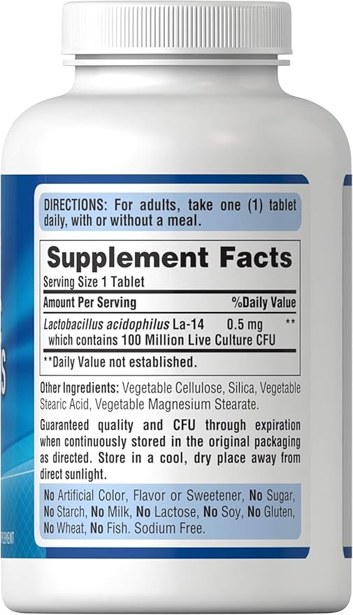 Puritan's Pride Daily Probiotic Acidophilus, 100 Million Live Cultures, Dietary Supplement for Digestive, Gut, and Immune Health, Soy, Sodium, and Gluten Free, 8 Month Supply, 250 Tablets