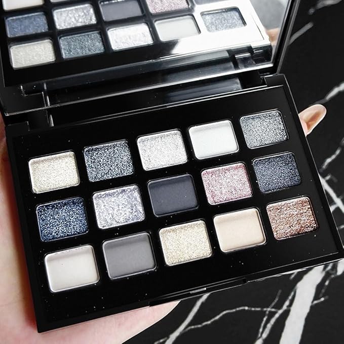 SUAKE 15 Colors Matte Shimmer Pearlescent Eyeshadow Palette for Eye Makeup,High Pigmented Smoky Dark Punk Metal Eye Shadow Primers Powder, Flashing sombras de ojos for Cosplay - Black Gold Blue Brown