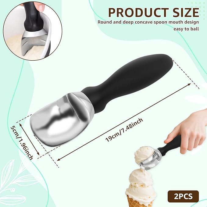 2Pcs Ice Cream Scoop with Ergonomic Soft Grip Handle Professional Ice Cream Scooper Multifunctional Cookie Scoop for Cookie Dough Gelato Sorbet Black