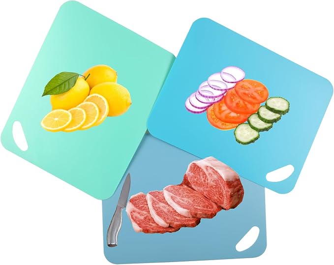 Plastic Flexible Cutting Mats for Kitchen, 3pcs Color Coded Chopping Board Set, Cutting Board Sheet for Kitchen Cooking, Dishwasher Safe （11.5x9"）