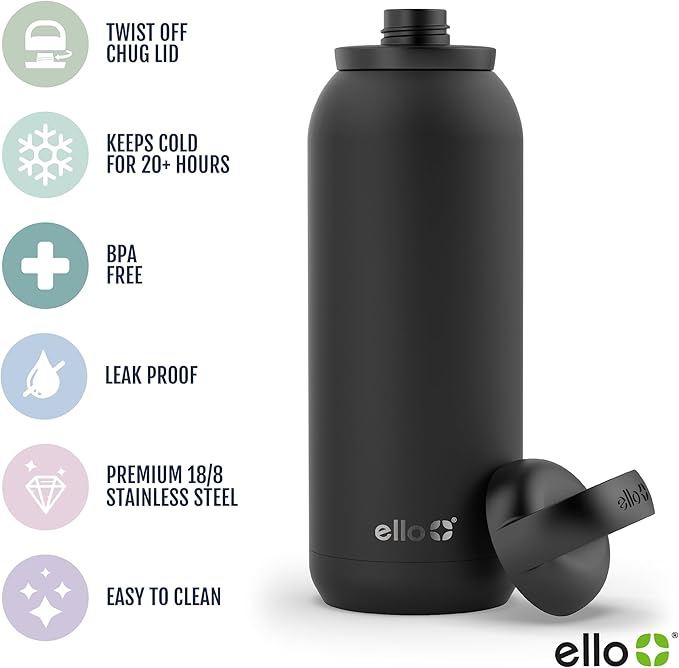 Ello Cooper Twist 40oz Stainless Steel Water Bottle with Chug Lid | Leak Proof | Double Walled and Vacuum Insulated | Built in Carry Loop | Dishwasher Safe | Cashmere Pink