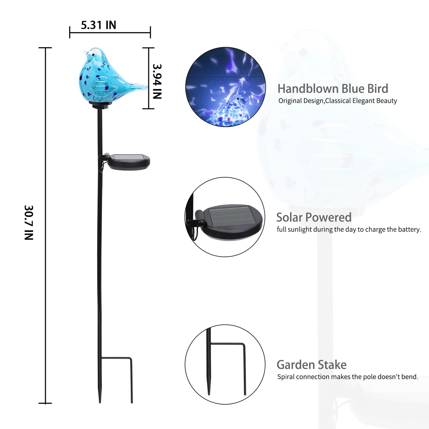Bshine Solar Garden Decoration Outdoor Bluebird Lights  Hand Blown Glass Waterproof Solar Light Stake Decorate Paths  Pathways  Lawns And Yards Art For Mom Gifts