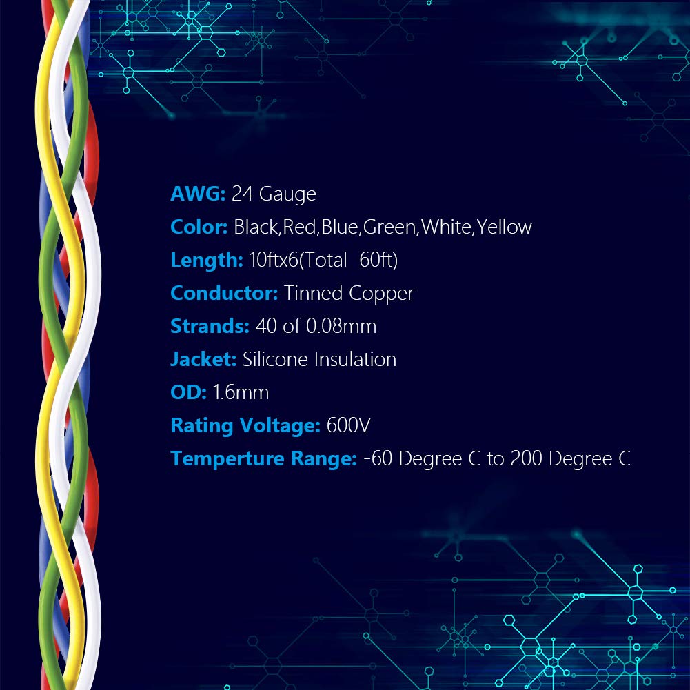 Fermerry 24 AWG Stranded Wire Spool 10ft Each 6 Colors Flexible 24 Gauge Silicone Hook up Wire Kit Electrical Tinned Copper Wire