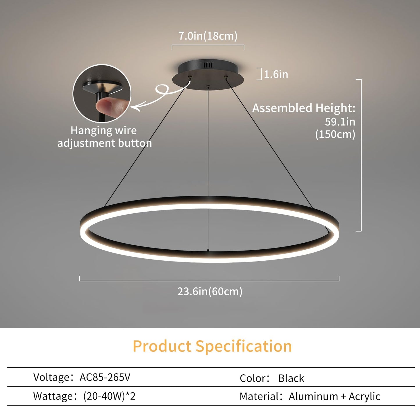 Mikeru Modern Led Chandelier Light  Ceiling Pendant Light Fixtures With Remote Control 3000K-6500K Adjustable Color Temperature Light For Living Room  Bedroom  Kitchen (23.6In