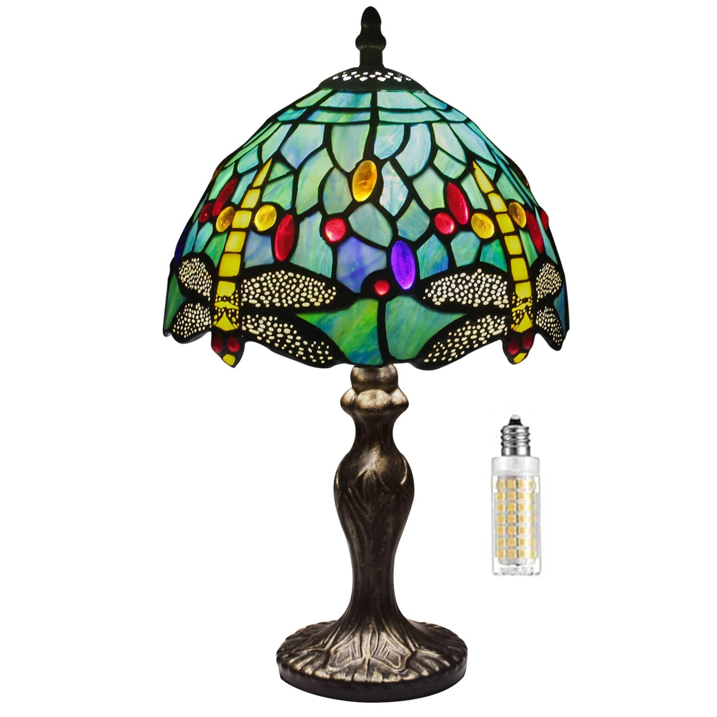 Miaoke Stained Glass Table Lamp Stained Glass Crystal Bead Style Table Light  Handmade Desk Bedside Night Light  Antique Art Craft Gifts Lover Living Room Bedroom Bookcase (Green Dragonfly)