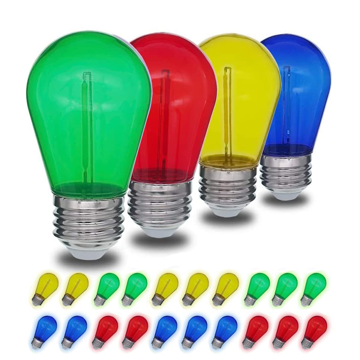 Jslinter String LED Light Bulbs - 1W Plastic S14 Replacement - Shatterproof - 24 Pack - Multi-colored