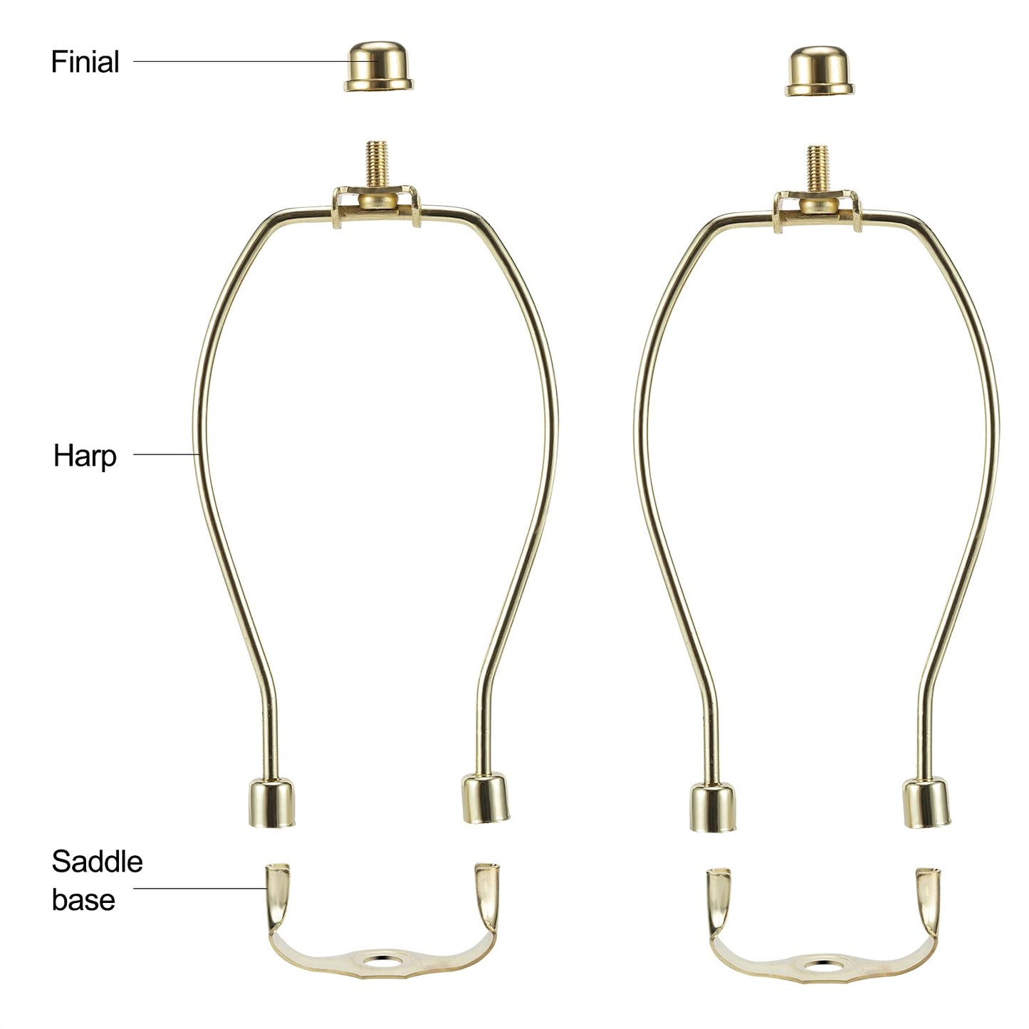 10 Inch Brass Lamp Harp Holder Kit Replacements with Finials and Detachable Saddle Bases, Light Duty, Saangseon Pack 2 DIY Lighting Accessories Horn Frame Lamp Shade Brackets