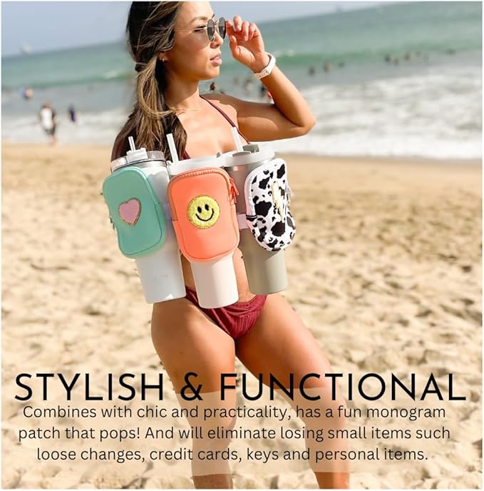 Water Bottle Pouch For Tumblers, Gym Accessories, Unisex | Compatible w/ 20-48oz Tumblers Including Stanley Quencher | Holds Phone, Wallet, Keys, Cards, & More (Soft Turqouise/Heart)