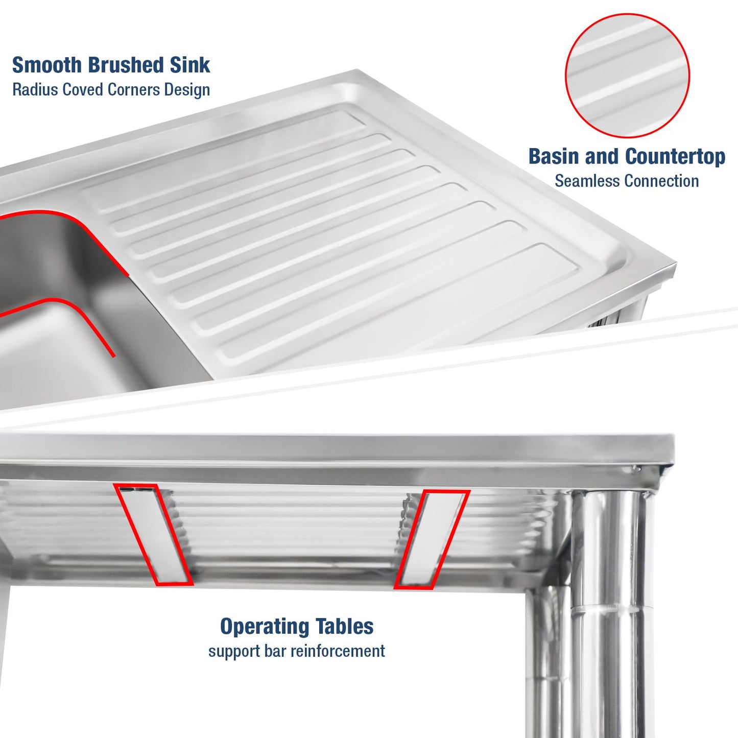 Stainless Steel Double Bowl Utility Sink, 47.2x19.68x31.49 Inch Commercial Kitchen Sink with Workbench, Heavy-Duty Freestanding Design for Restaurants, Laundry, Outdoor Use