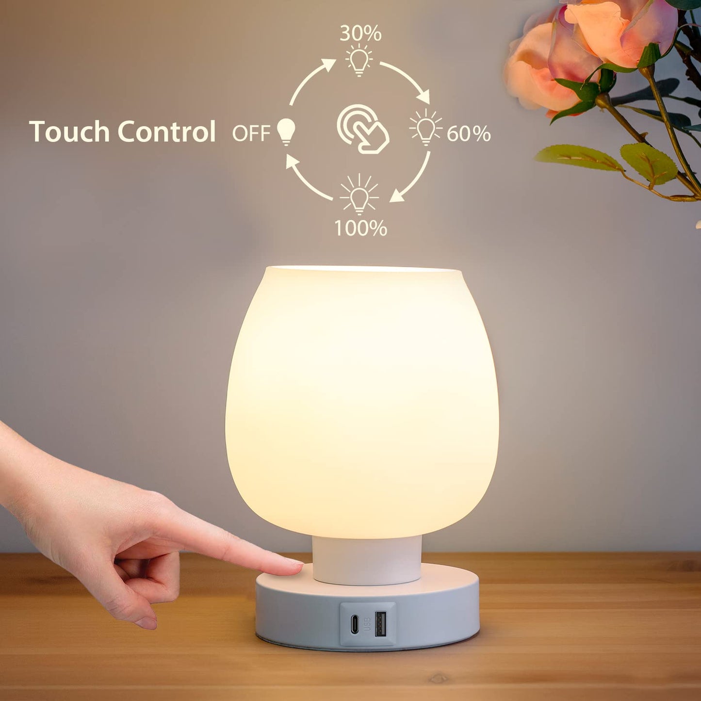 ONEWISH Touch Bedside Table Lamp, USB C+A Ports, 3-Way Dimmable, Glass Shade, Warm LED Bulb, Small, USB-white