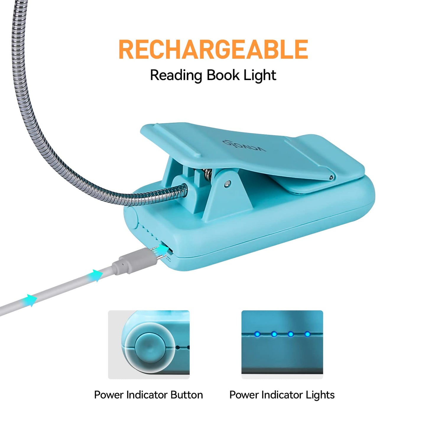 VAVOFO Rechargeable Book Light, Amber 1600K, 7 LEDs, Clip-On, 1-Pack Mint Blue, Model KM-6720A