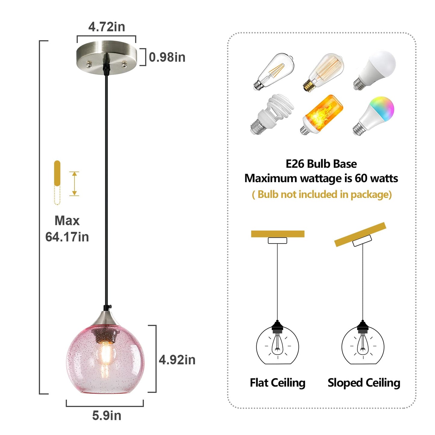 Lbsqj Pink Glass Pendant Lights Kitchen Island Globe Pendant Light Fixtures Modern Pendant Lighting For Bedroom Living Dining Room Light Fixture (5.9 In  1 Pack)